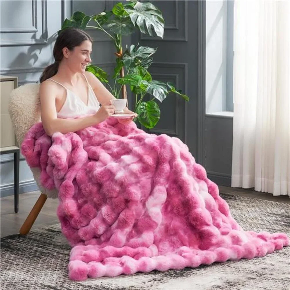 Faux Fur Throw Blanket Cozy Soft Plush Bubble Tie Dye Blanket Couch Sofa Bedroom
